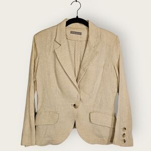 Olivia Moon Tan Linen Blazer with Notched Lapels and Tailored Fit